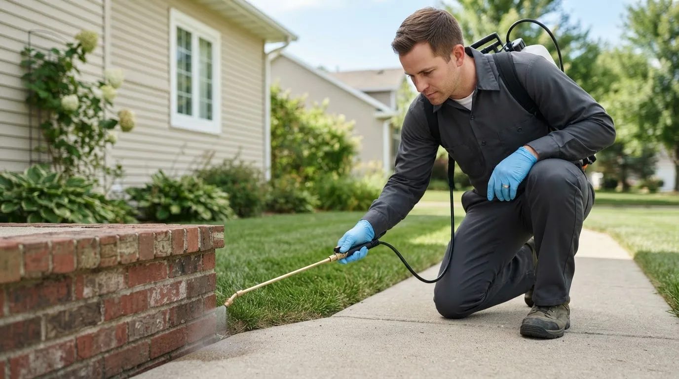 Pest control technician treating a home near Long Grove, IA