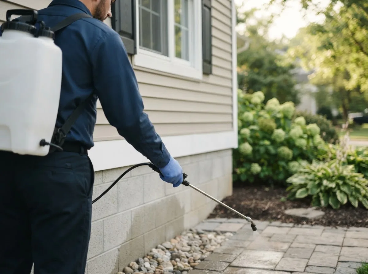 Pest control technician inspecting a home in Long Grove, IA